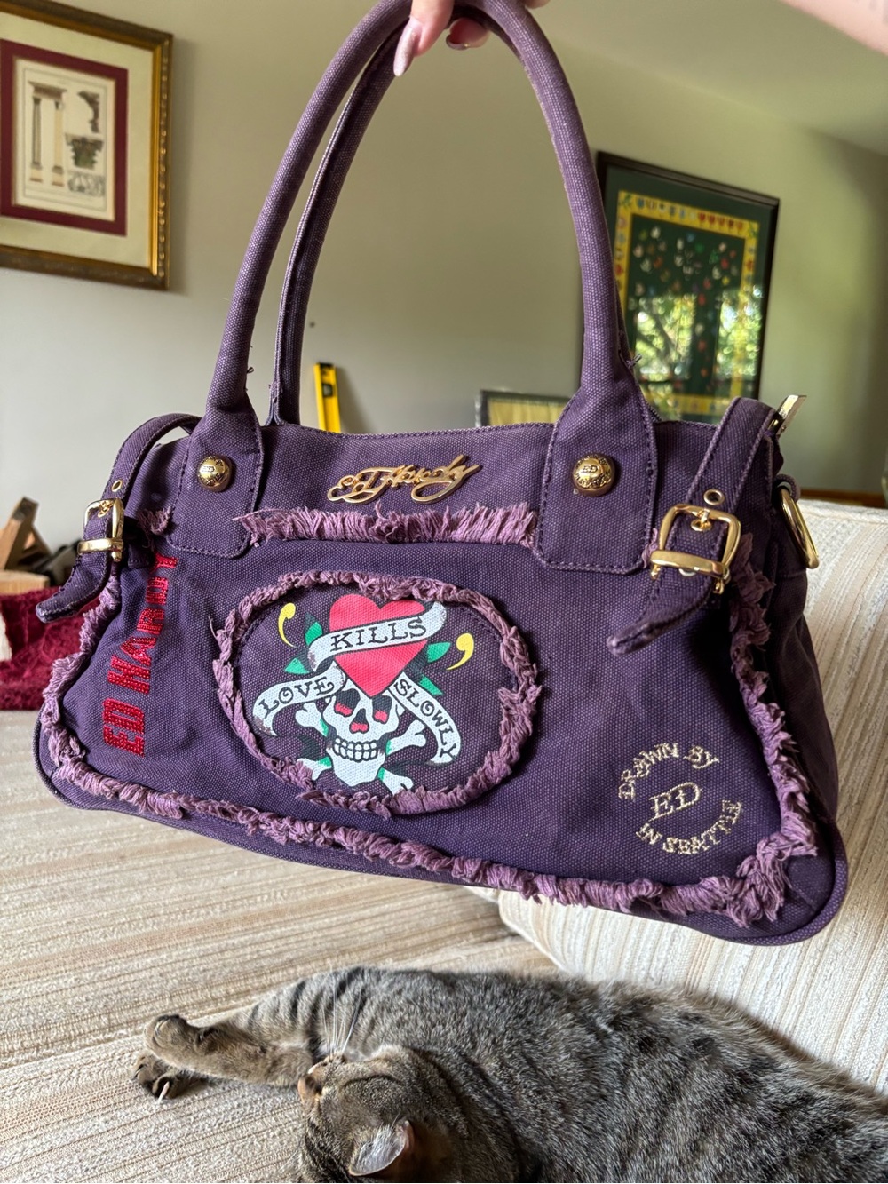 Rare vintage Y2K Ed Hardy by Christian Audigier purple canvas satchel bag frayed